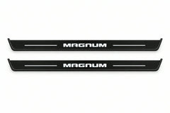 Catalogue illustration of two front black Matte PRO LED door sill plates with illuminated Magnum lettering for Dodge Magnum; dimensions are selected during manufacture.