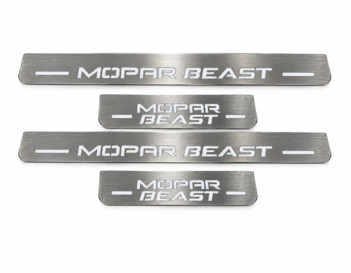 MOPAR BEAST Stainless Full Day: matching two long and two short plates, lighting off on white background.