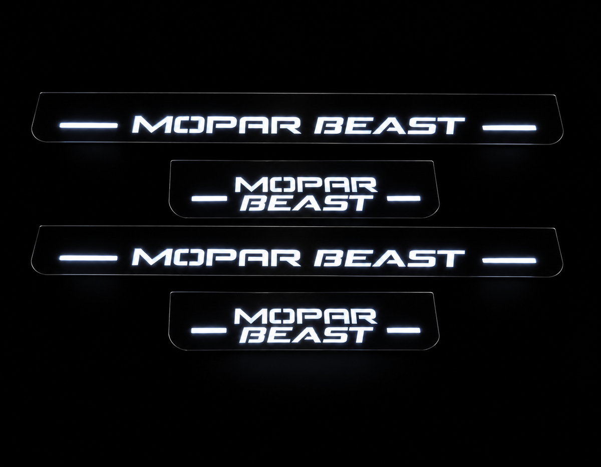MOPAR BEAST Stainless Full Night: two long and two short plates, near-black bodies, white lettering and eight light strips.