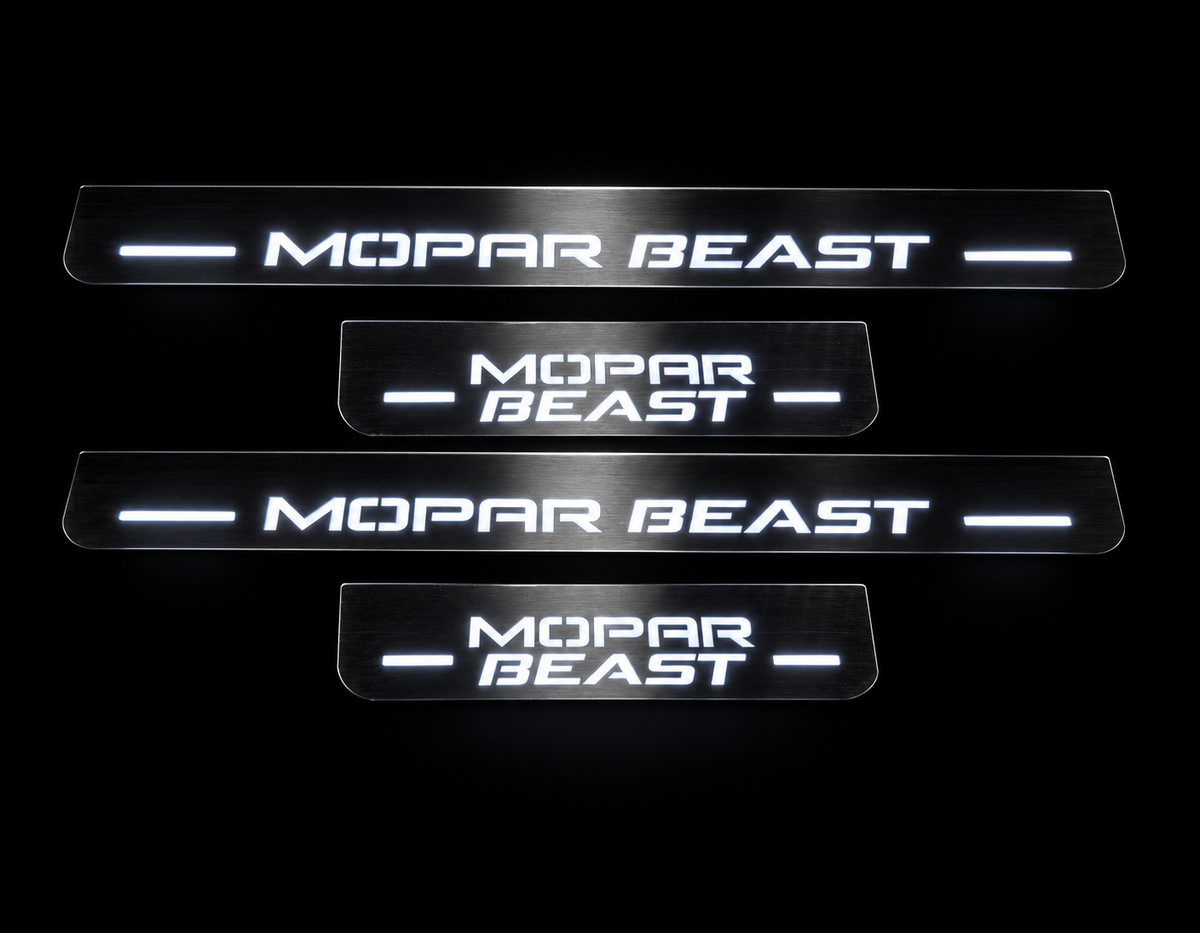 Night visualization of the exact MOPAR BEAST Stainless full set: two long front and two short rear sill plates, white illuminated lettering and eight light strips.
