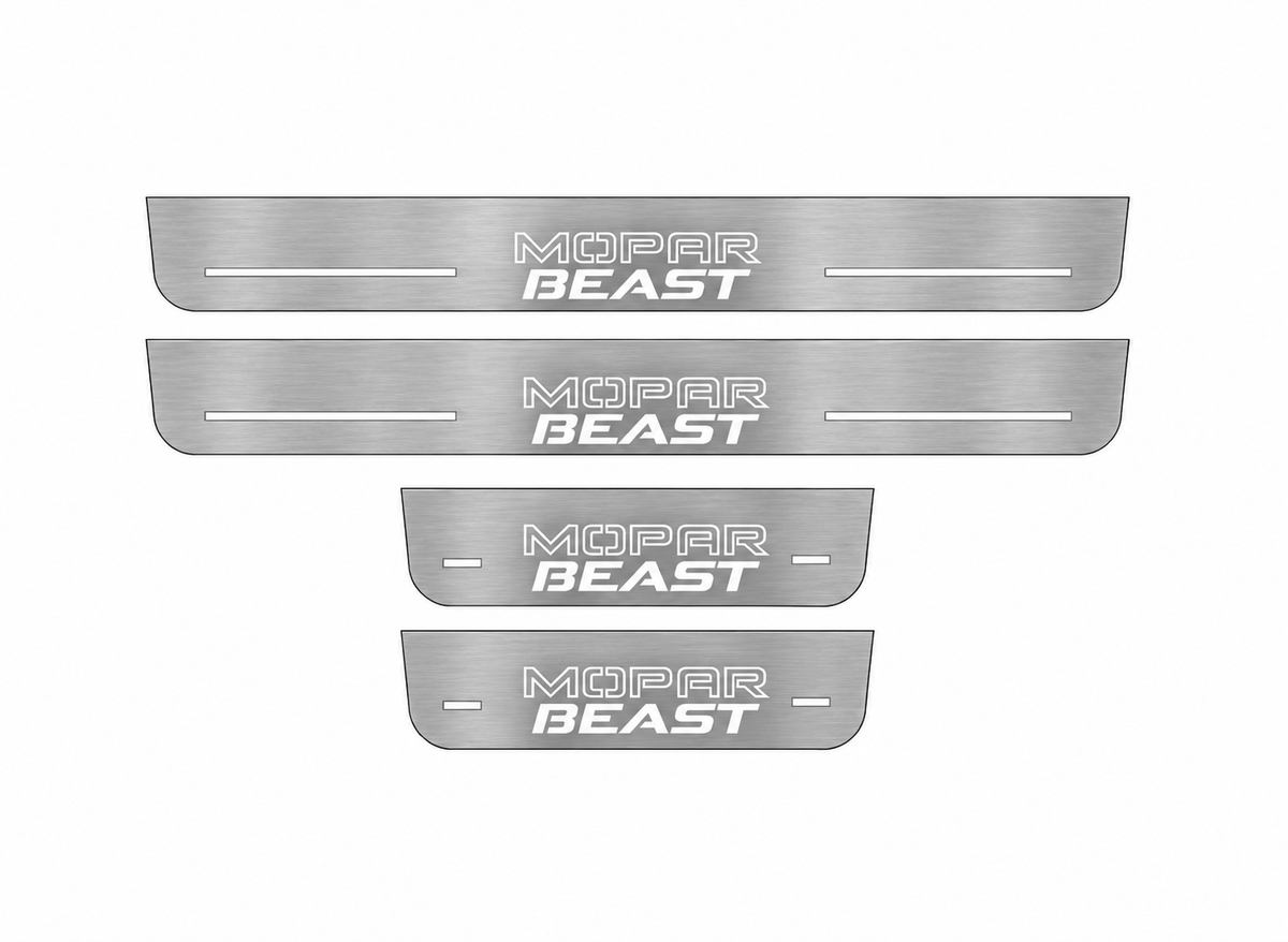 Day visualization of exact MOPAR BEAST Type2 four-piece Stainless set, white artwork on brushed stainless.