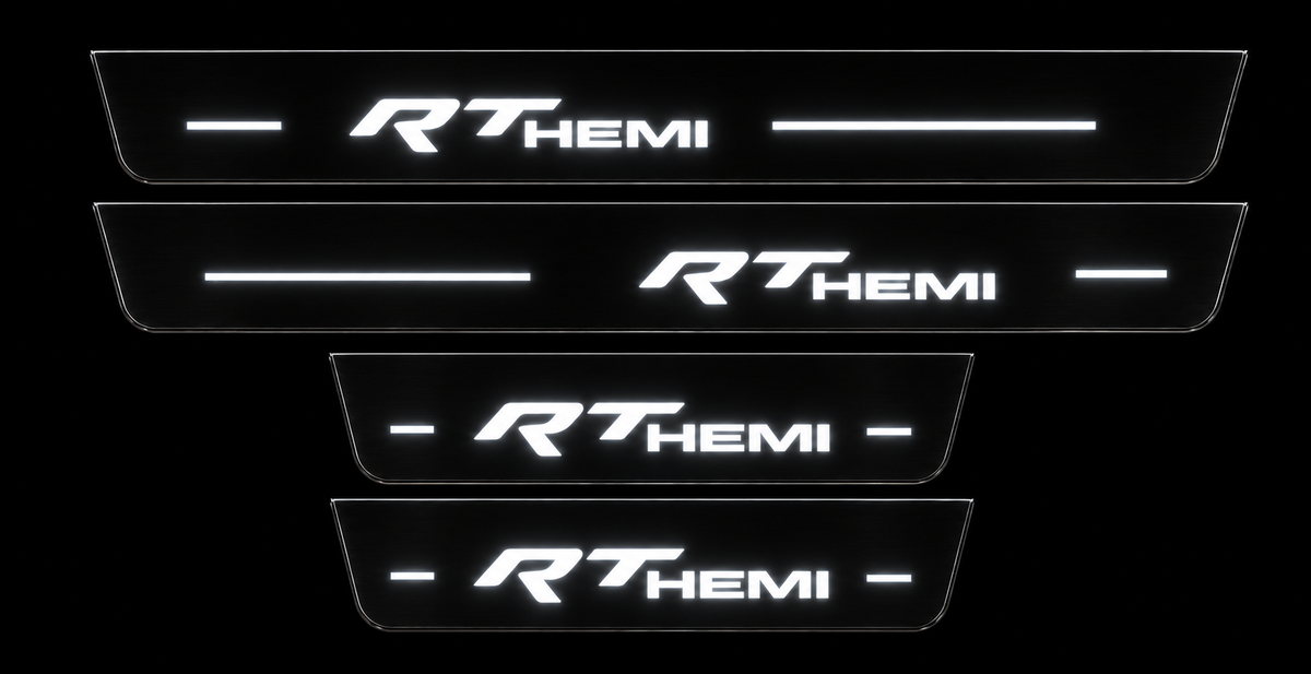 RT HEMI Stainless Full Night: two long and two short plates, near-dark bodies with bright white illuminated artwork and bars.