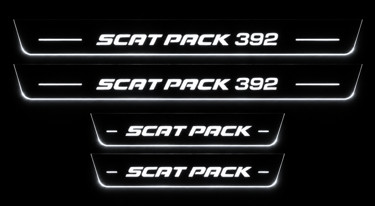 Four Scat Pack door sills with Scat Pack 392 fronts at night, white LED lettering, bars and edges.