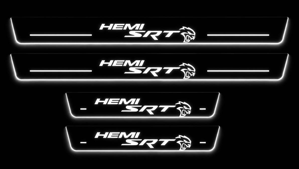 Four Dodge SRT HEMI Hellcat stainless steel door sills with white illuminated lettering, light bars and edges against a black background.