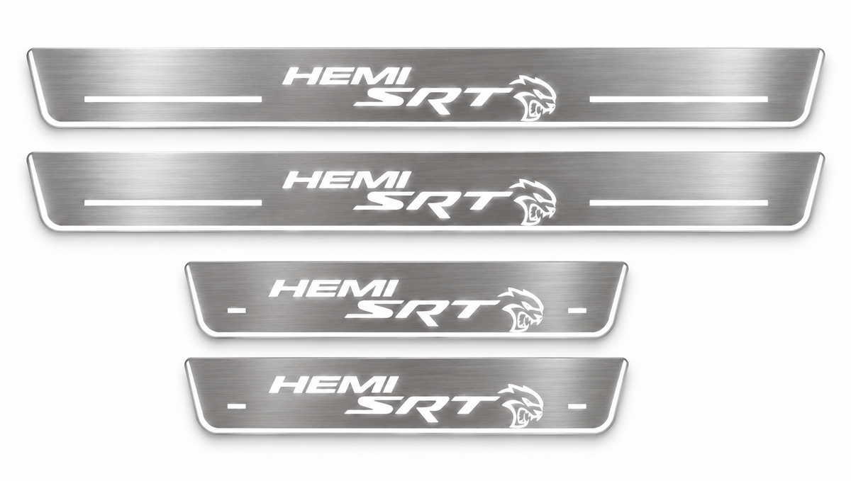 Four brushed stainless steel Dodge SRT HEMI Hellcat door sill plates with white LED graphics on a white background.