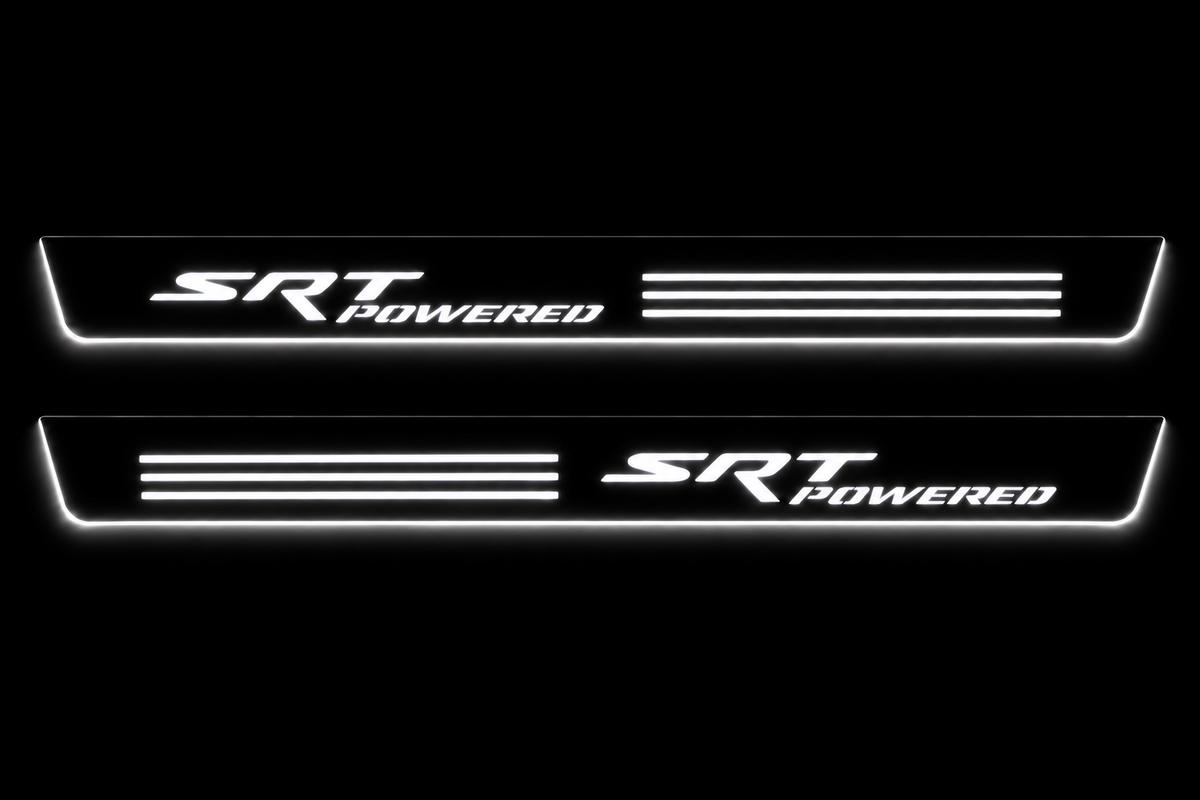 Product visualization: exactly two flat SRT POWERED Stainless Front plates with mirrored three-bar artwork, white lettering/bars/edges on black. Not an installation photograph.