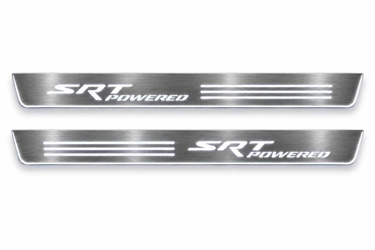 Product visualization: exactly two flat brushed Stainless SRT POWERED Front plates with mirrored three-bar artwork on white. Not an installation photograph.