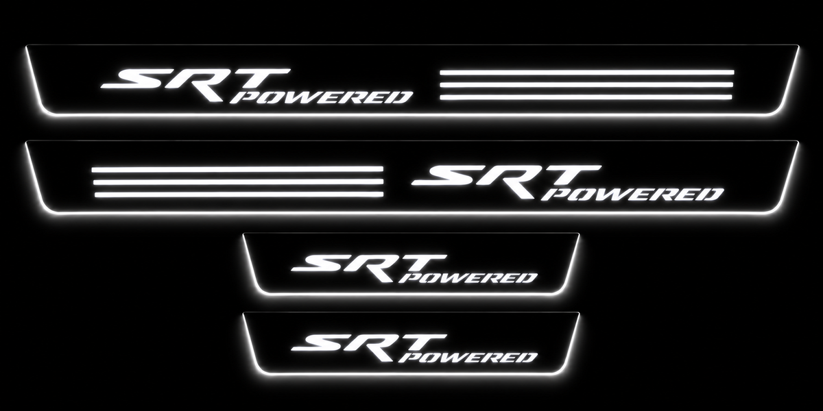 Four SRT POWERED door sills in darkness with three LED bars, white lettering and glowing lower and side edges.