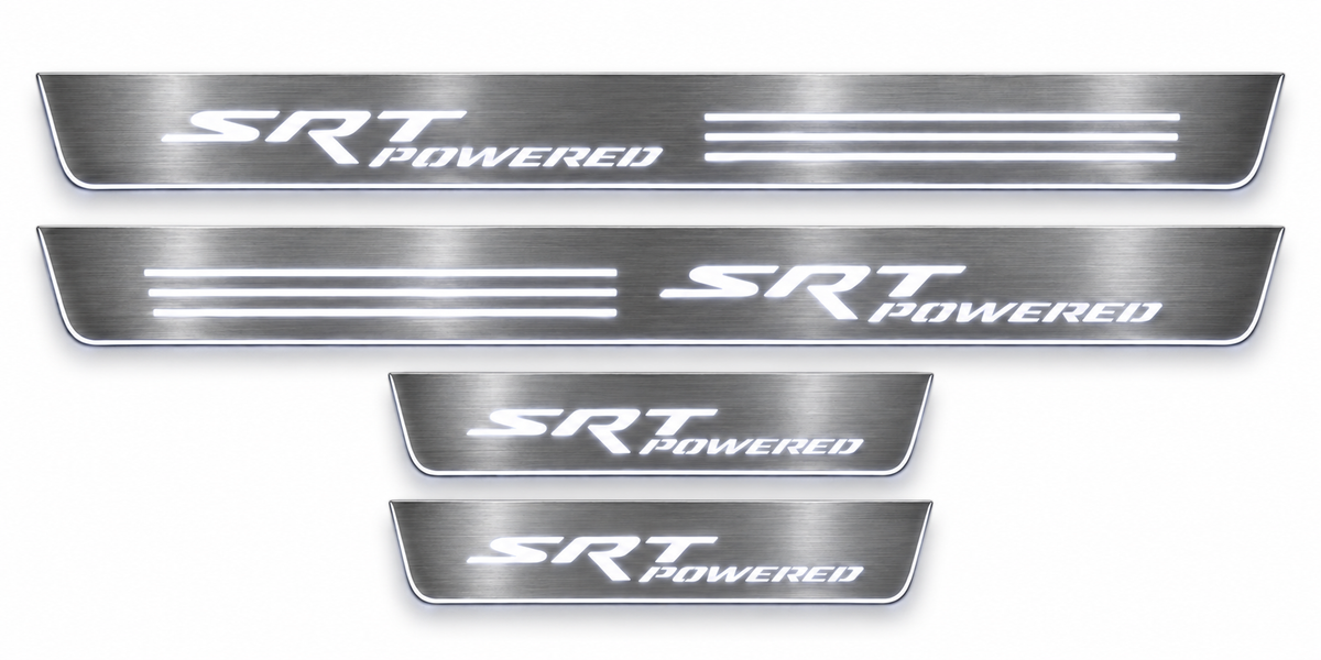 SRT Powered brushed stainless door sills with three light bars, white LED, white background.