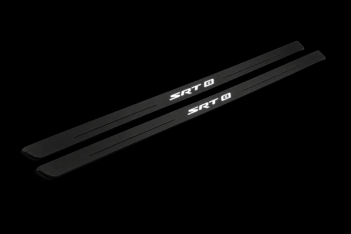 SRT8 Matte PRO FRONT kit — two black matte door sill plates, white illuminated lettering