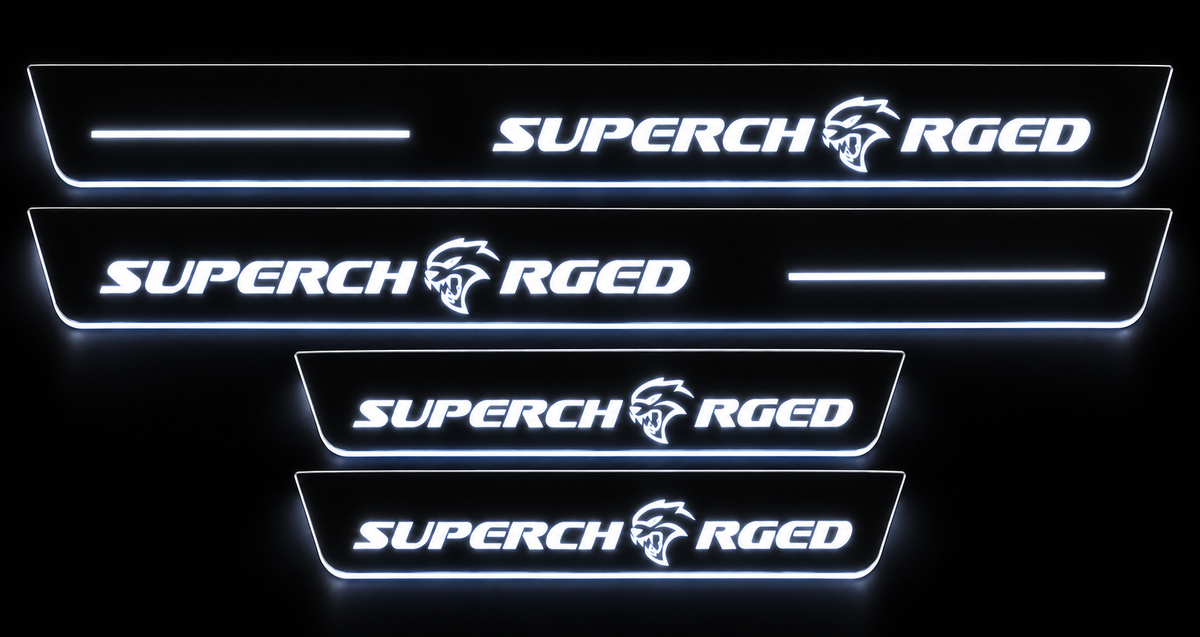 Four offset Supercharged Hellcat door sills in darkness with white LED lettering, bars and edges.