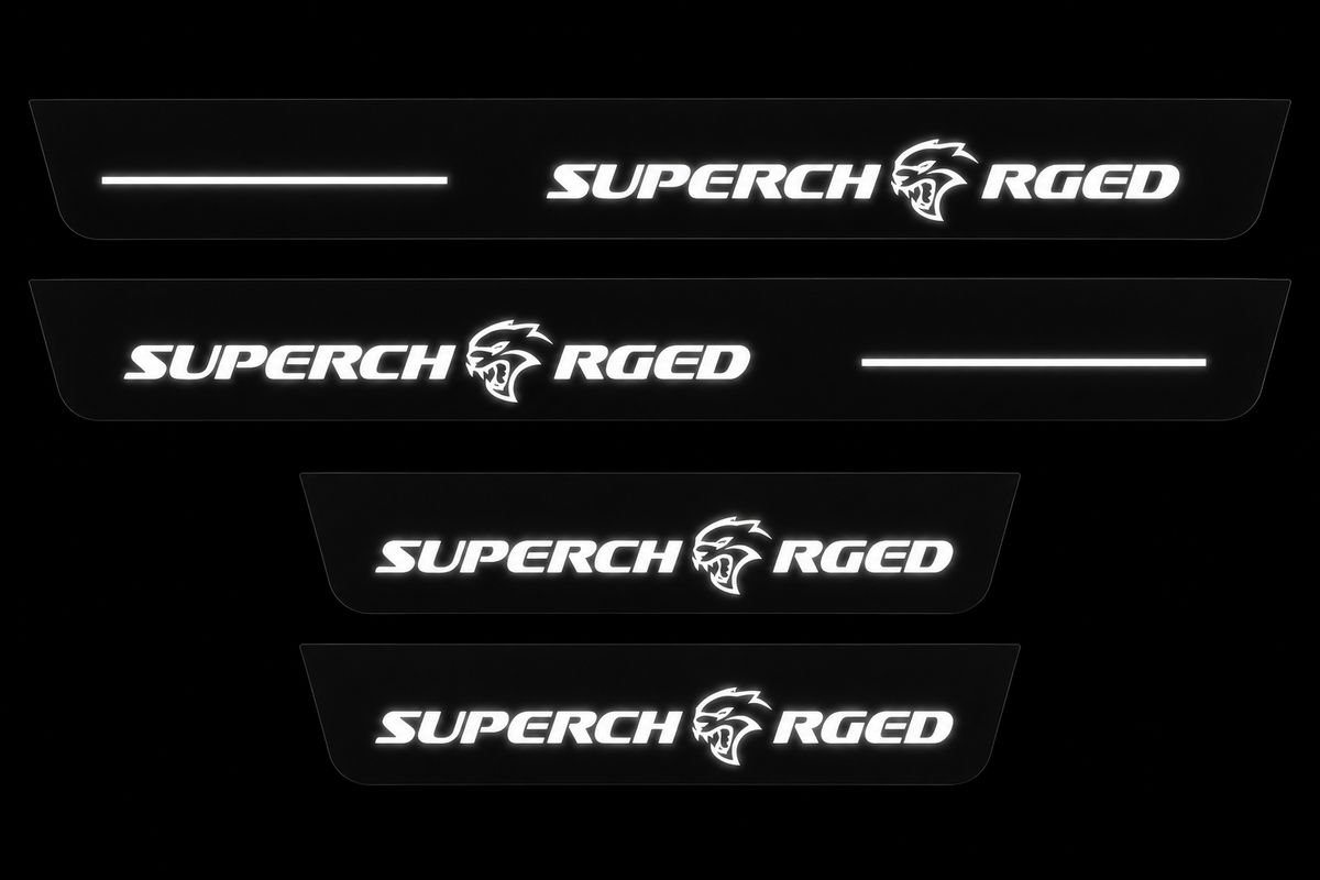 Four Supercharged Type 2 Matte PRO door sill plates, two long and two short; exact source artwork, white LED details, unlit physical edges.
