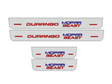 Catalog illustration of four gray door sill plates with red Durango lettering and stacked blue Mopar and red Beast lettering on the long pair; stacked Mopar Beast on the short pair on a white background.