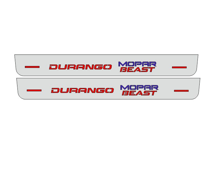 Catalog illustration of two long gray door sill plates with red Durango lettering beside stacked blue Mopar and red Beast lettering on a white background.