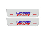 Catalog illustration of two short gray door sill plates with stacked blue Mopar and red Beast lettering on a white background.