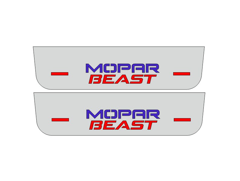 Catalog illustration of two short gray door sill plates with stacked blue Mopar and red Beast lettering on a white background.