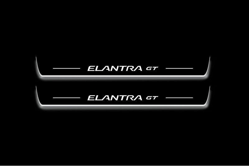 Hyundai Elantra GT 2013+ illuminated entry guards in stainless steel with Elantra GT logo