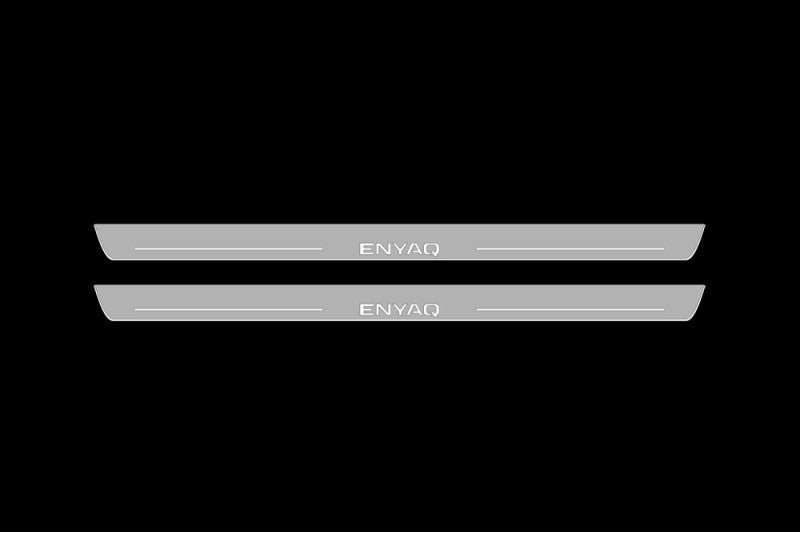 Illuminated LED Door Sill Tread Plates Skoda Enyaq 2020+ With Enyaq Logo Skoda Led Door Sills opdesign