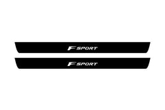 Catalog illustration of two black front door sill plates with F Sport lettering.