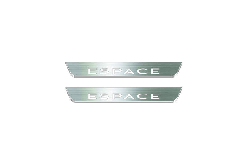 Two short silver-finished door sill plates with Espace lettering on a light background, straight-on view.