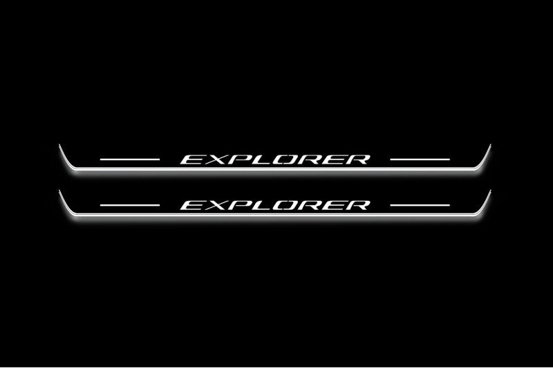 Ford Explorer VI CD6 2020+ LED door sill plates in stainless steel with Explorer logo