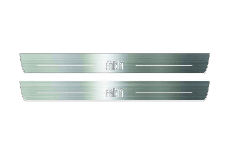 Skoda Fabia I 1997+ entry guards in stainless steel with Fabia logo