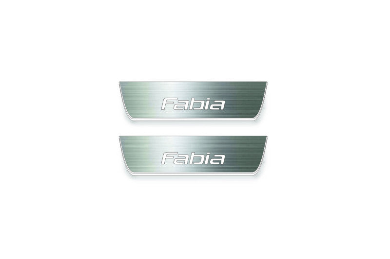Skoda Fabia II 2007+ entry guards in stainless steel with Fabia logo
