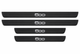 Catalogue illustration of two long black Matte PRO front plates and two shorter rear plates with stylized 500 inscription illuminated on top. Side edges unlit; not exact vehicle dimensions. FRONT option includes front plates only.