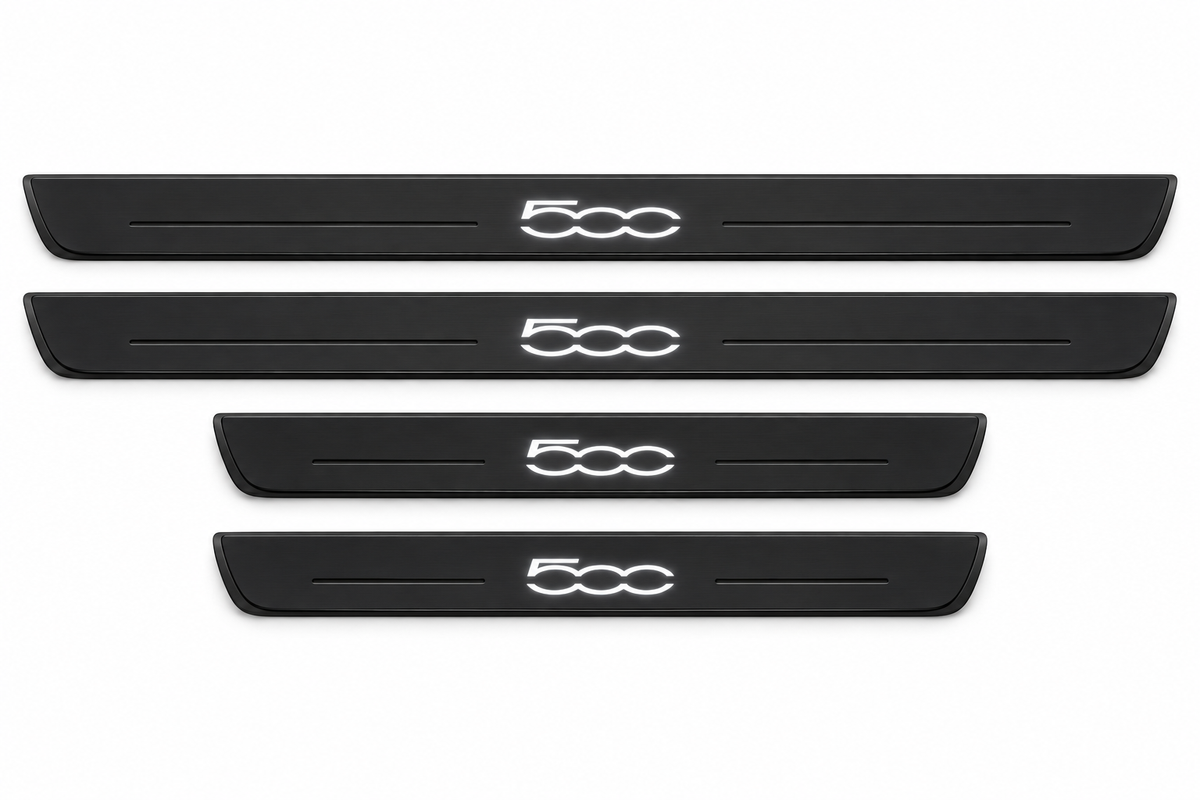 Catalogue illustration of two long black Matte PRO front plates and two shorter rear plates with stylized 500 inscription illuminated on top. Side edges unlit; not exact vehicle dimensions. FRONT option includes front plates only.