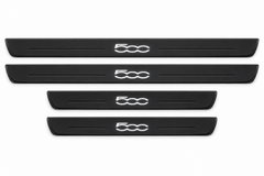 Catalogue illustration of two long black Matte PRO front plates and two shorter rear plates with stylized 500 inscription illuminated on top. Side edges unlit; not exact vehicle dimensions. FRONT option includes front plates only.