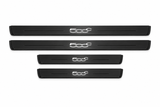Catalogue illustration of two long black Matte PRO front plates and two shorter rear plates with stylized 500C inscription illuminated on top. Side edges unlit; not exact vehicle dimensions. FRONT option includes front plates only.