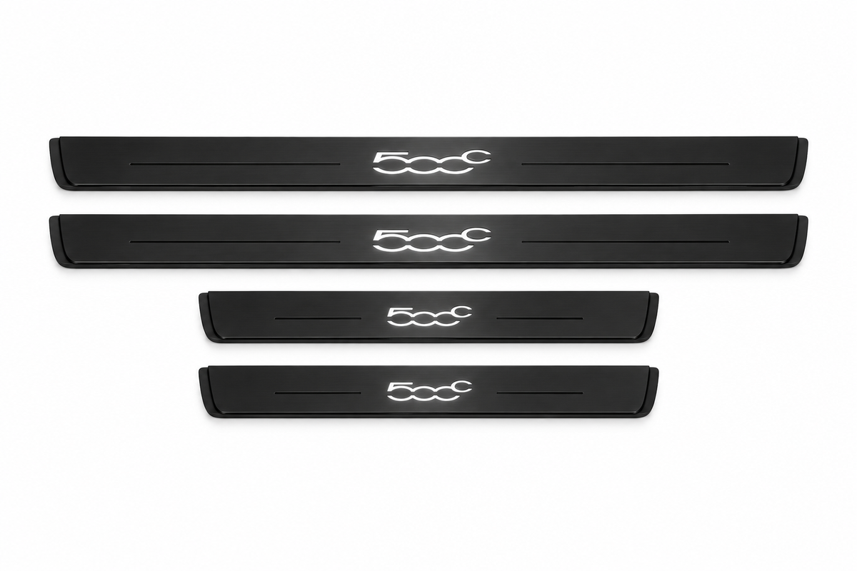 Catalogue illustration of two long black Matte PRO front plates and two shorter rear plates with stylized 500C inscription illuminated on top. Side edges unlit; not exact vehicle dimensions. FRONT option includes front plates only.