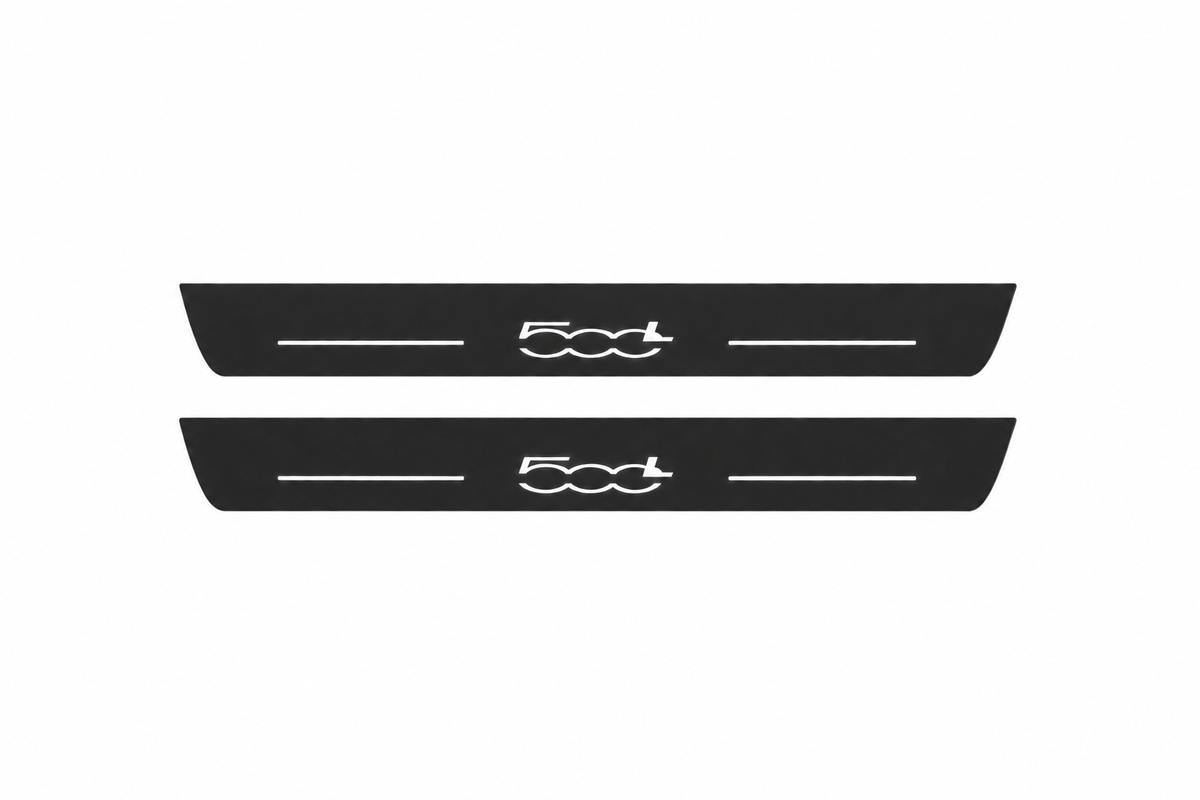 Fiat 500L black matte LED door sills with 500L design on white background