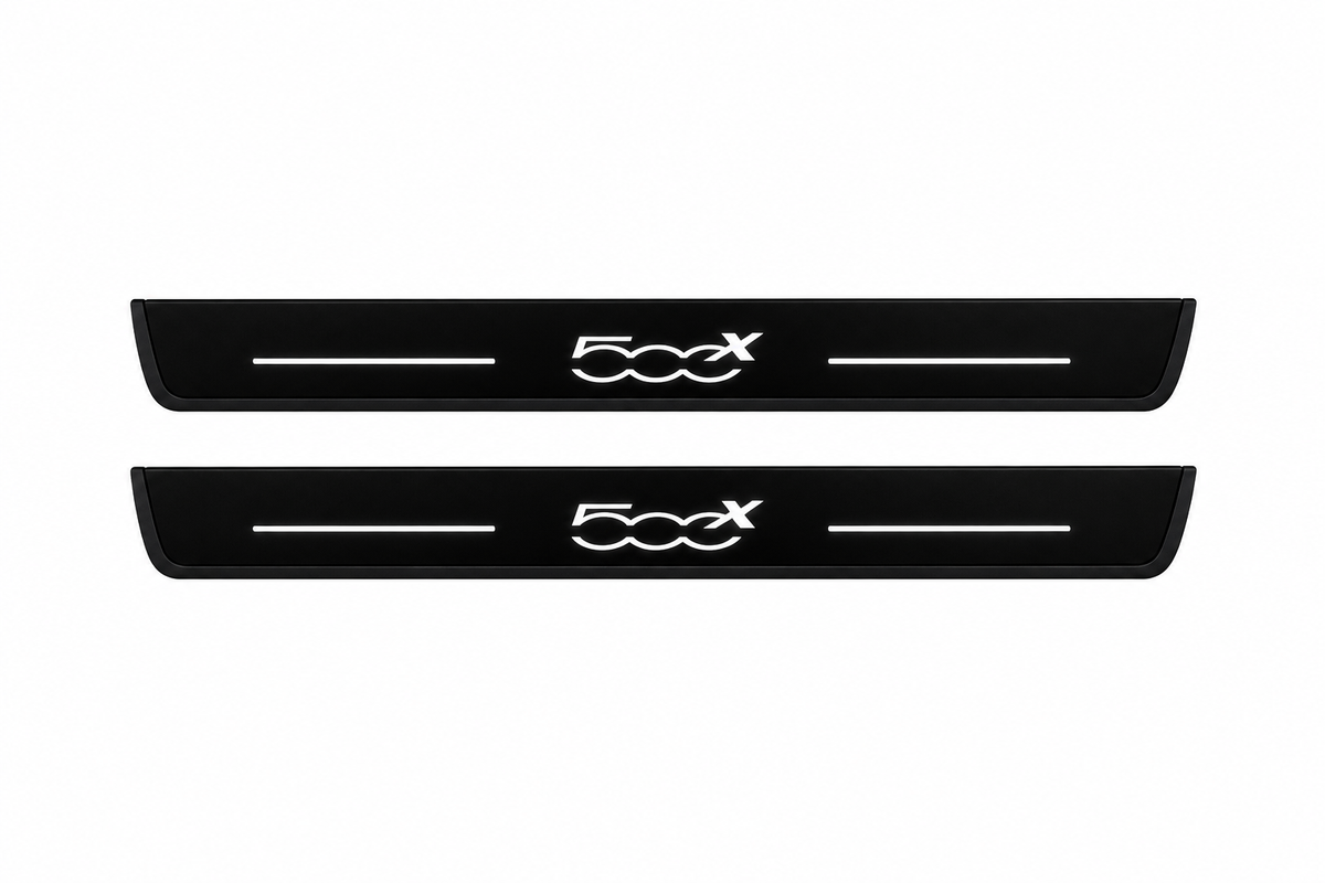 Catalogue illustration of two front black Matte PRO LED door sill plates with illuminated 500X lettering for Fiat 500X 334; the FRONT+REAR option includes rear plates not shown; final dimensions are selected during manufacture.