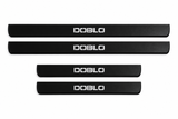Catalog illustration of two front and two rear black Matte PRO door sill plates with angular DOBLO lettering illuminated only on top; opaque unlit side edges. Final dimensions selected for Fiat Doblò Van 263.
