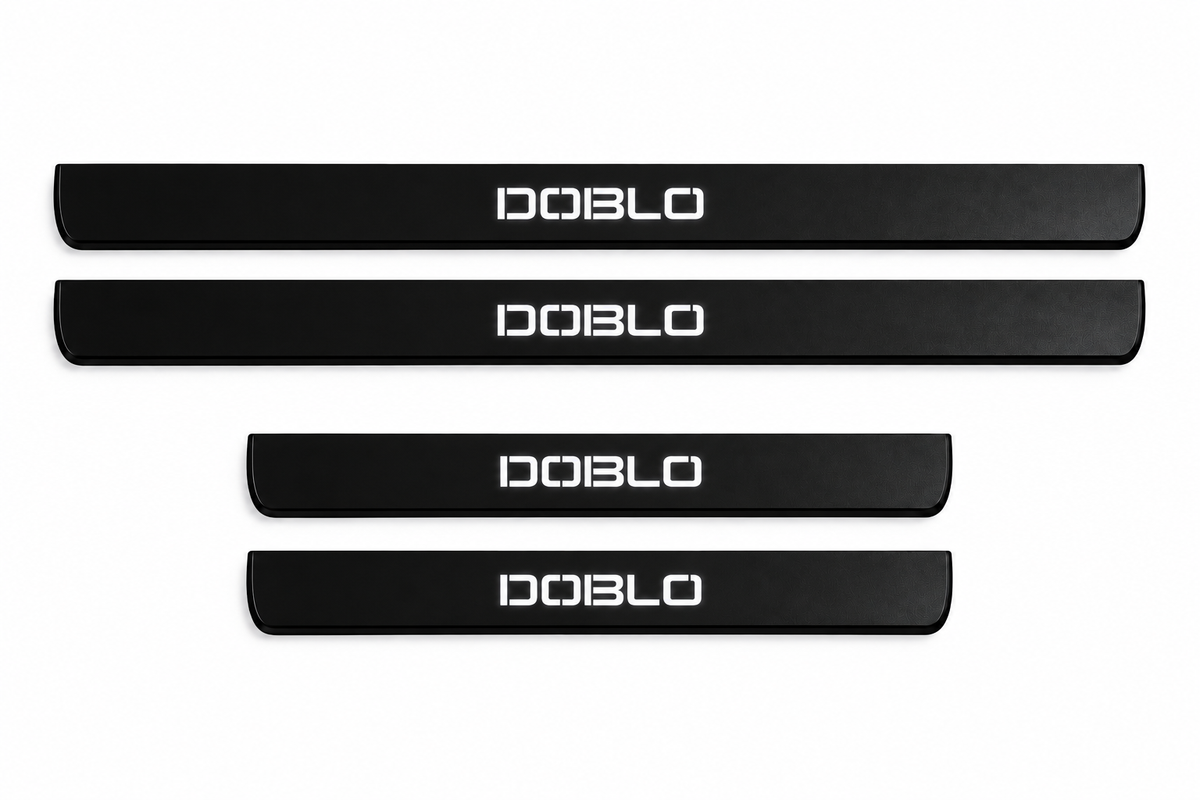Catalog illustration of two front and two rear black Matte PRO door sill plates with angular DOBLO lettering illuminated only on top; opaque unlit side edges. Final dimensions selected for Fiat Doblò Van 263.