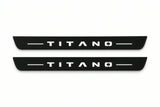 Catalogue illustration of two front black Matte PRO LED door sill plates with illuminated Titano lettering for Fiat Titano; dimensions are selected during manufacture.