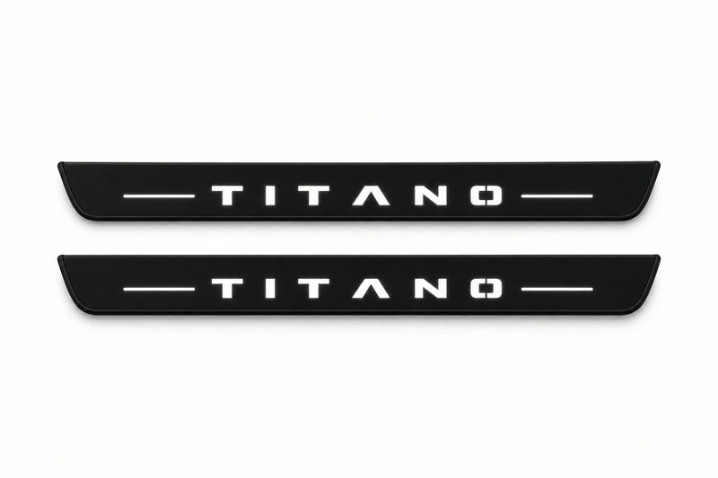 Catalogue illustration of two front black Matte PRO LED door sill plates with illuminated Titano lettering for Fiat Titano; dimensions are selected during manufacture.