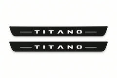 Catalogue illustration of two front black Matte PRO LED door sill plates with illuminated Titano lettering for Fiat Titano; dimensions are selected during manufacture.