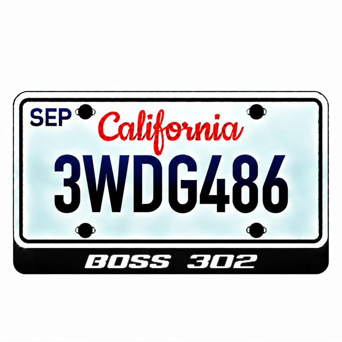Ford BOSS 302 illuminated LED license plate badge with the shown artwork below an illustrative US plate; plate not included