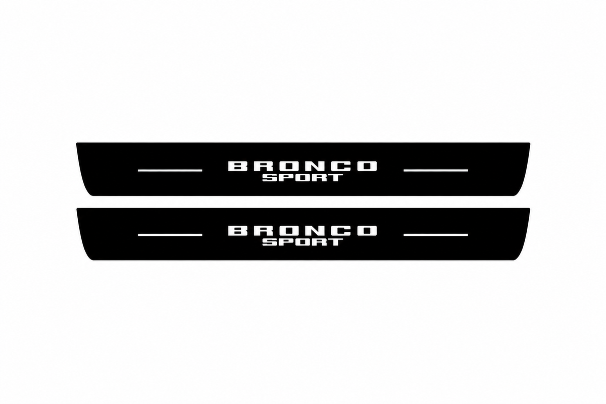 Catalogue illustration of two black Matte PRO front door sill plates with stacked illuminated BRONCO SPORT lettering on the top surface. Rear plates for FRONT+REAR are not pictured; final dimensions are selected for the vehicle during manufacture.