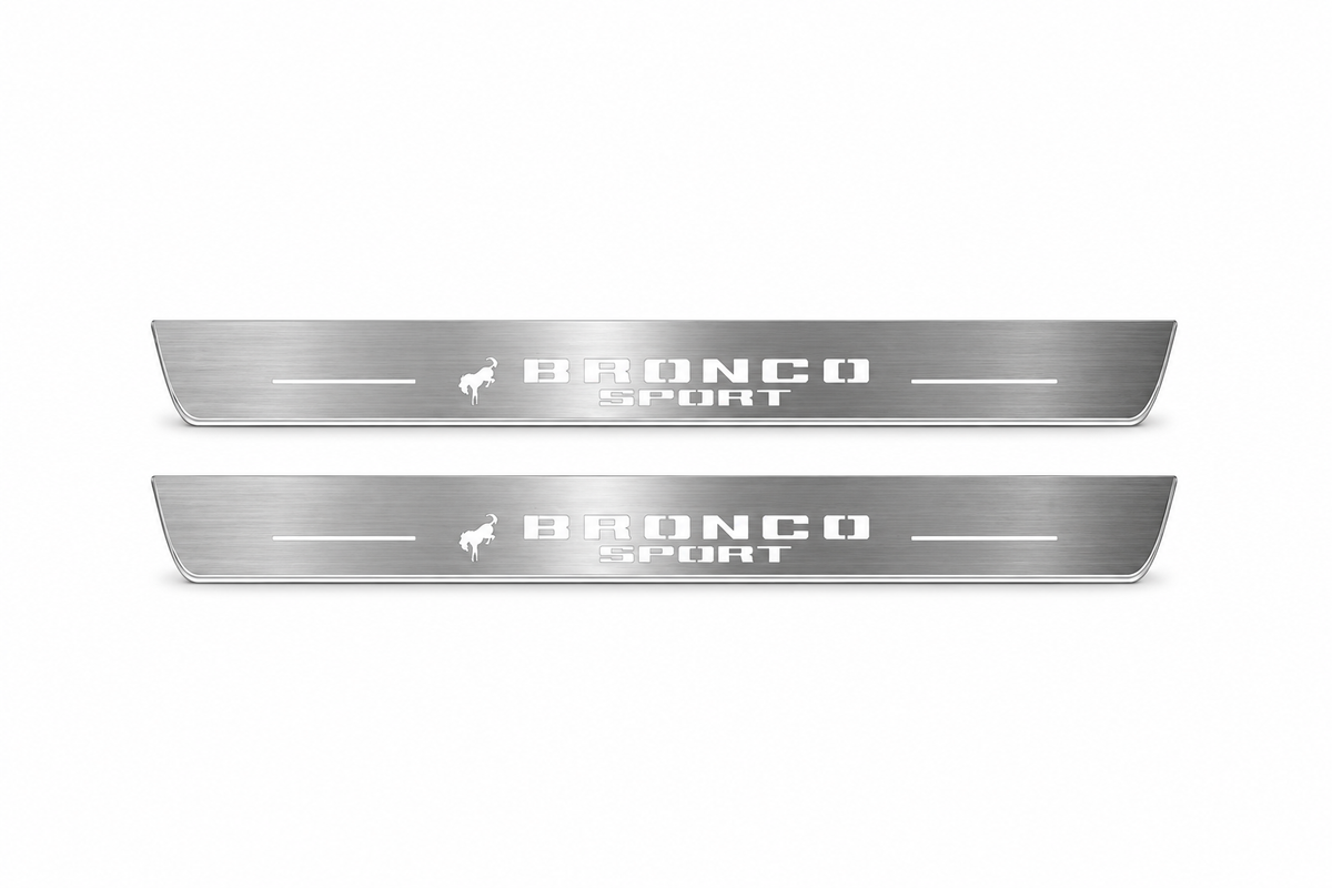 Product visualization: two exact Bronco Sport front plates, original two-line lettering and one original horse each flat brushed stainless steel door sill plates with white LED artwork and edges, white background.