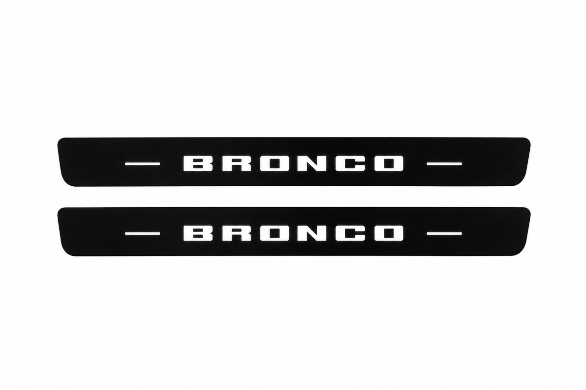 Ford Bronco U725 Bronco Matte PRO LED door sills, FRONT two-piece catalogue illustration, matte black with white illumination