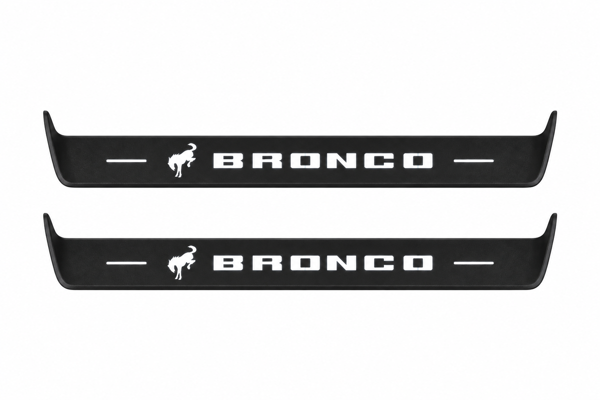 Catalogue illustration showing 2 black Matte PRO LED door sill plates with white Bronco lettering for Ford Bronco U725; dimensions are selected during manufacture.