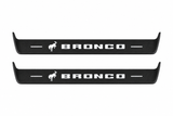 Catalogue illustration showing 2 black Matte PRO LED door sill plates with white Bronco lettering for Ford Bronco U725; dimensions are selected during manufacture.