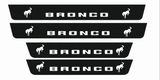 Catalogue illustration showing 4 black Matte PRO LED door sill plates with white Bronco Two Horse lettering for Ford Bronco U725; dimensions are selected during manufacture.