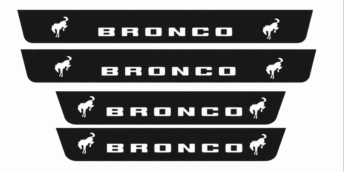 Catalogue illustration showing 4 black Matte PRO LED door sill plates with white Bronco Two Horse lettering for Ford Bronco U725; dimensions are selected during manufacture.