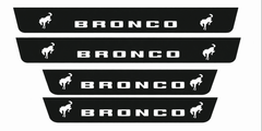 Catalogue illustration showing 4 black Matte PRO LED door sill plates with white Bronco Two Horse lettering for Ford Bronco U725; dimensions are selected during manufacture.