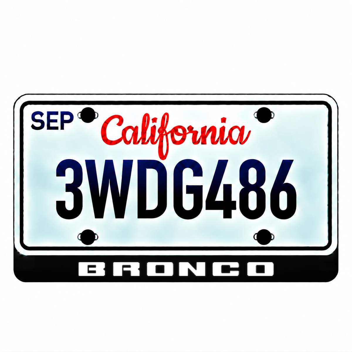 Ford BRONCO illuminated LED license plate badge with the shown artwork below an illustrative US plate; plate not included