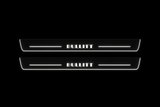 Product visualization: two flat original bullitt-s197-stencil Stainless front plates with exact artwork and white lower/end LEDs flat brushed stainless steel door sill plates with white LED artwork and edges, dark background.